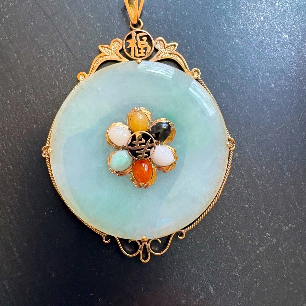 14K Pendant Genuine Jade Solid Stone With Semi-Precious Stones Pendant